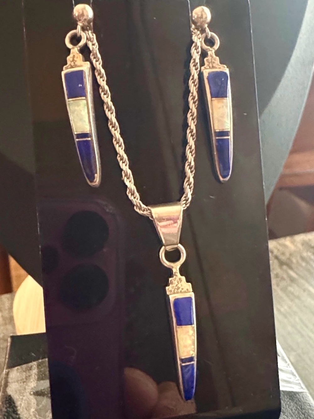 Sterling Silver Navajo Blue Lapis & Opal Pendant & Earring Set Ervin Hoskie